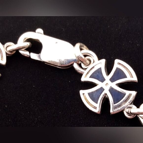 Sterling Silver 925 Maltese Cross  Blue Enamel Bracelet Vintage - Picture 6 of 14